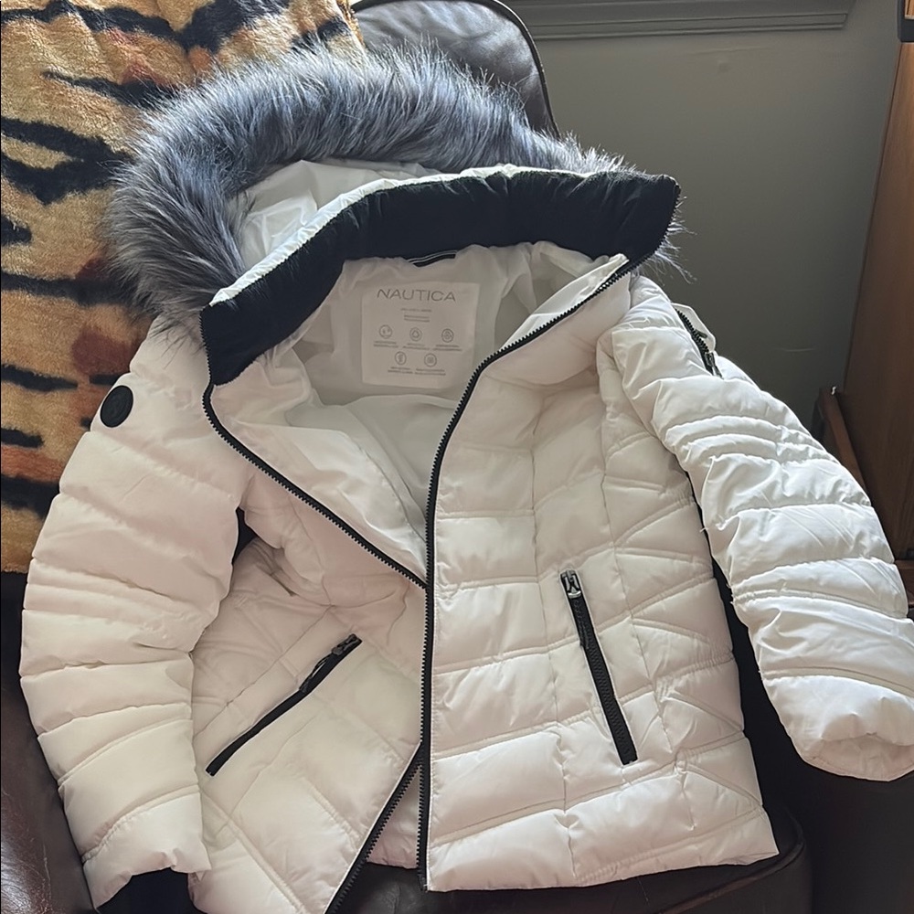 Nautica White Puffer Jacket with Faux Fur Hood
